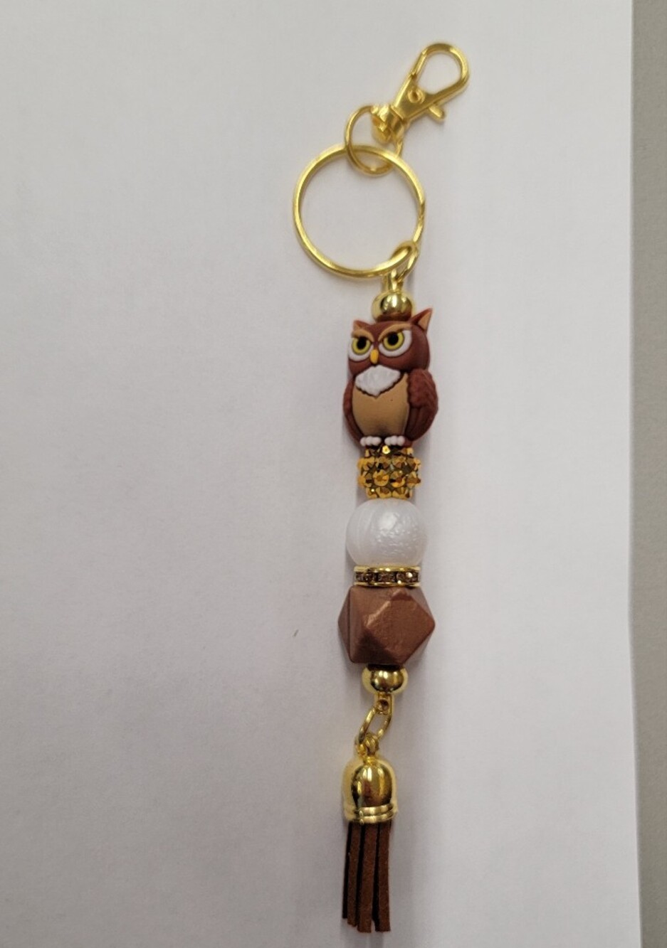 Gold Owl Tassel Keychain with White and Brown Beads